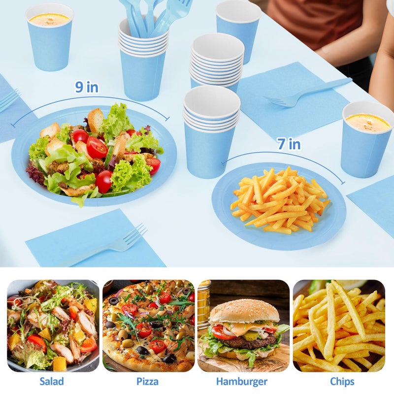 CENLBJ Light Blue Paper Plates and Napkins Party Supplies, Include 9Disposable Blue Plate, 7Dessert Plates Cups Napkins Forks for Baby Shower, Wedding, Birthday, Serves 25 - Image 4
